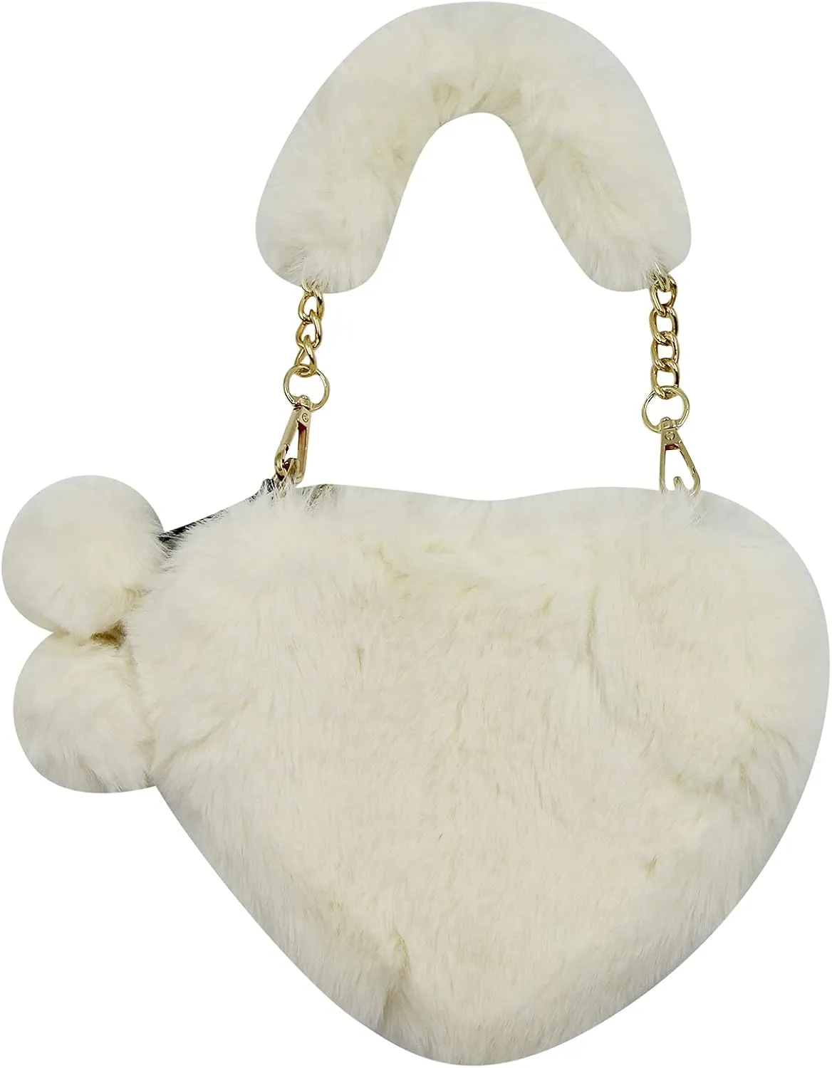 Women Girls Faux Fur Heart Shaped Handbag Plush Shoulder Bag Clutch Purse with Metal Chain Strap