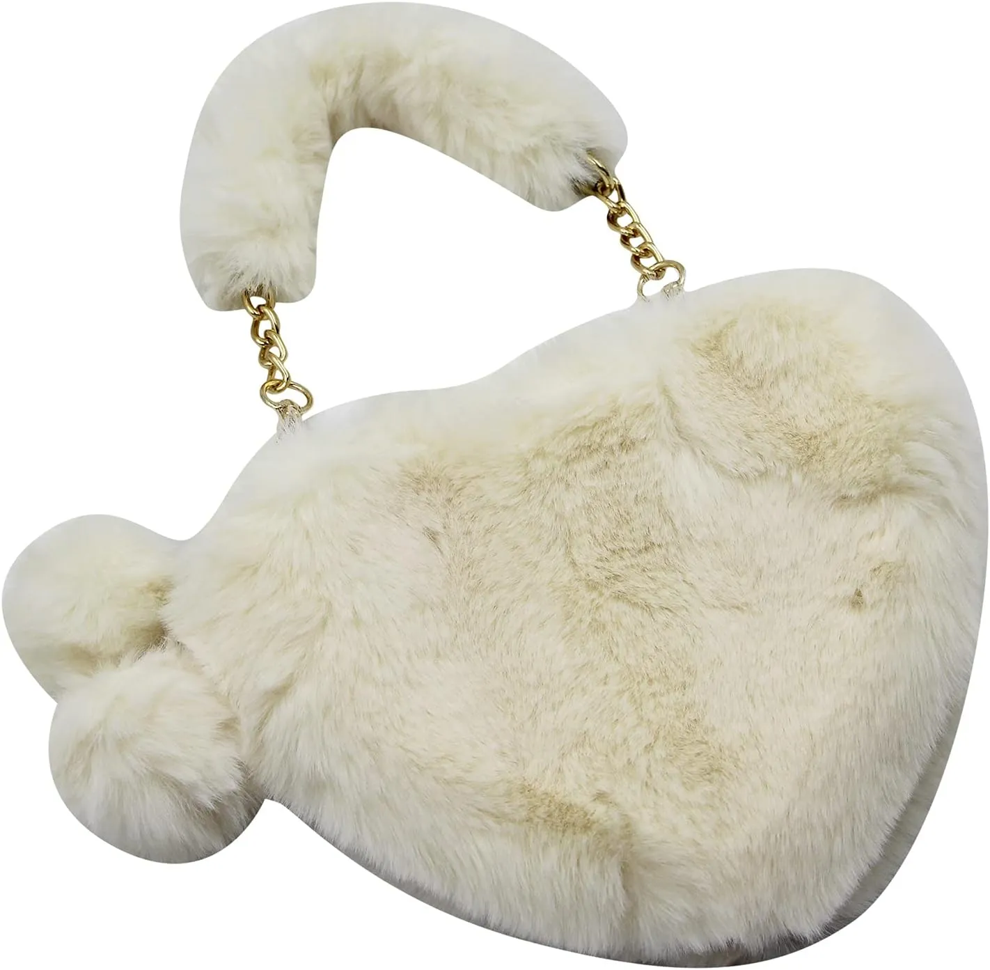 Women Girls Faux Fur Heart Shaped Handbag Plush Shoulder Bag Clutch Purse with Metal Chain Strap