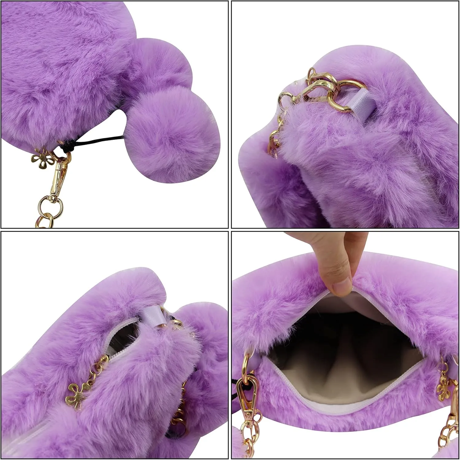 Women Girls Faux Fur Heart Shaped Handbag Plush Shoulder Bag Clutch Purse with Metal Chain Strap