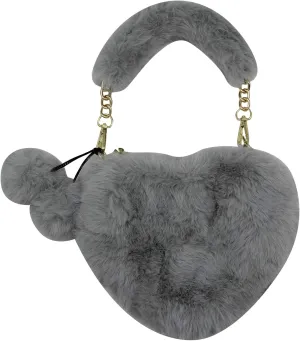 Women Girls Faux Fur Heart Shaped Handbag Plush Shoulder Bag Clutch Purse with Metal Chain Strap