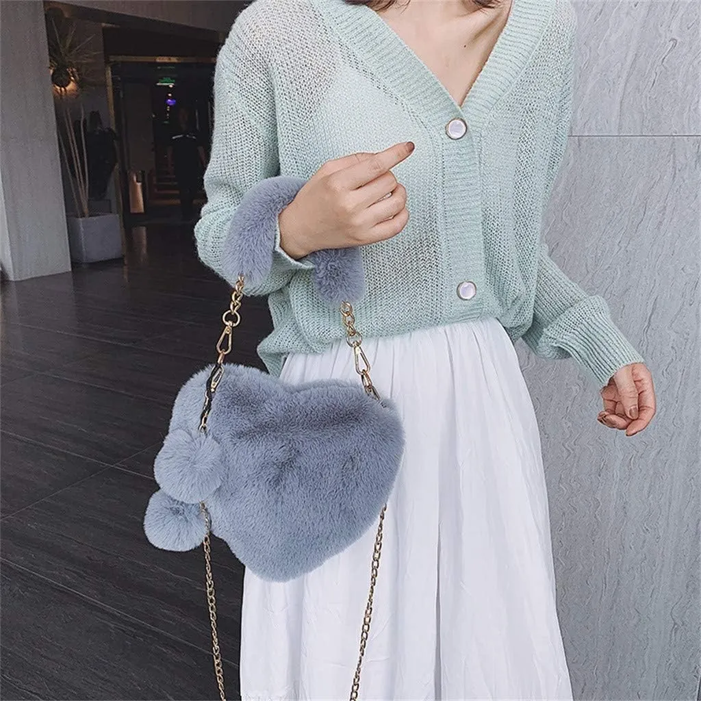 Women Girls Faux Fur Heart Shaped Handbag Plush Shoulder Bag Clutch Purse with Metal Chain Strap