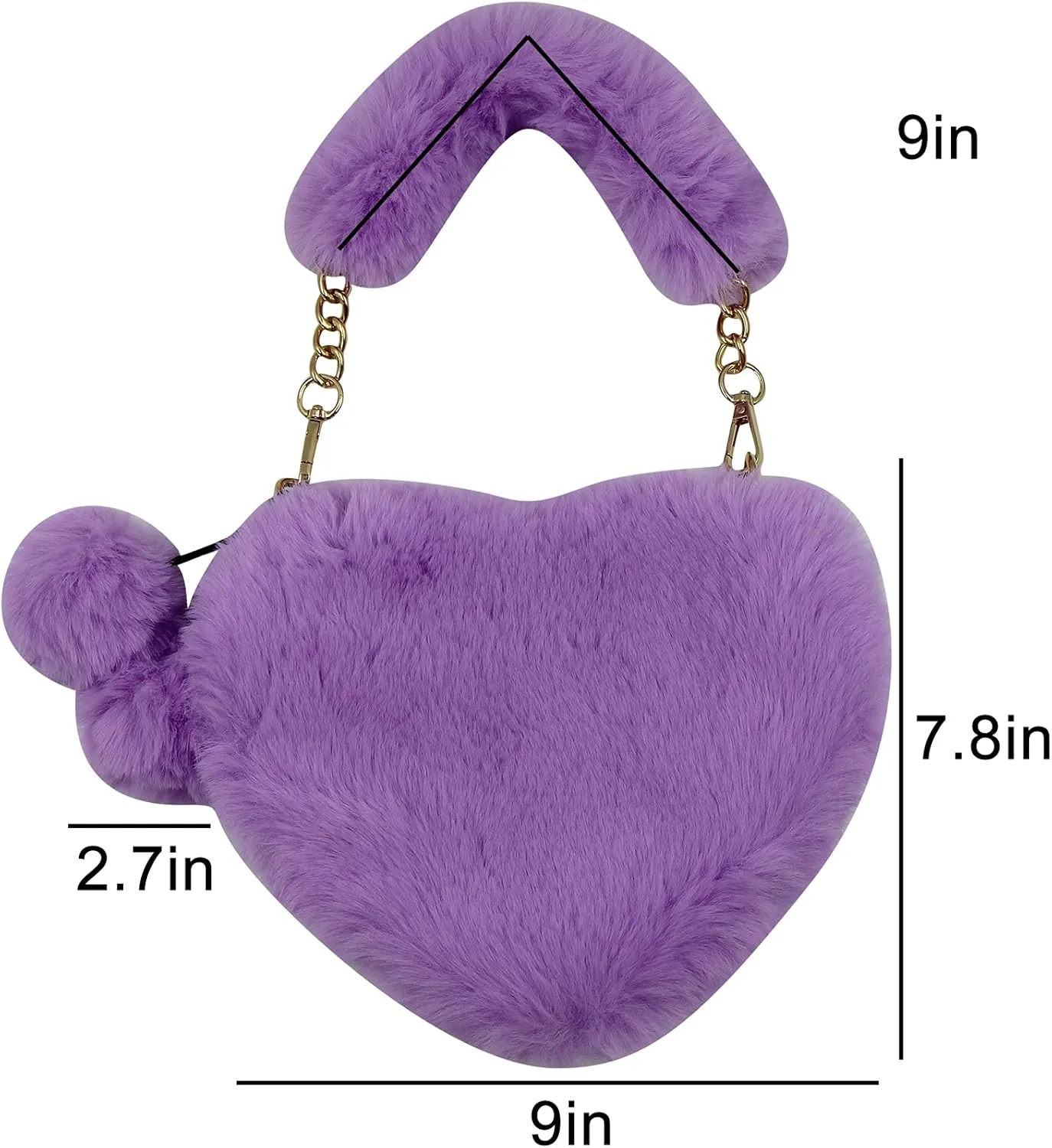 Women Girls Faux Fur Heart Shaped Handbag Plush Shoulder Bag Clutch Purse with Metal Chain Strap