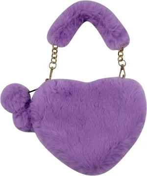 Women Girls Faux Fur Heart Shaped Handbag Plush Shoulder Bag Clutch Purse with Metal Chain Strap