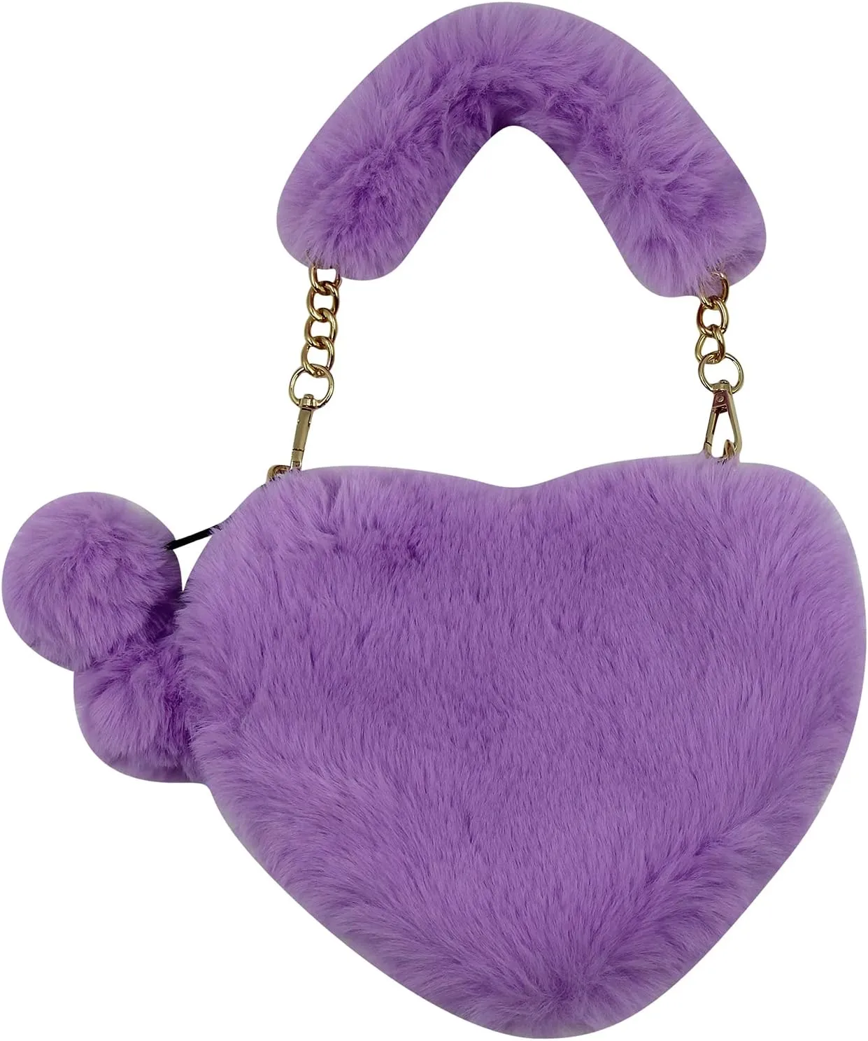 Women Girls Faux Fur Heart Shaped Handbag Plush Shoulder Bag Clutch Purse with Metal Chain Strap