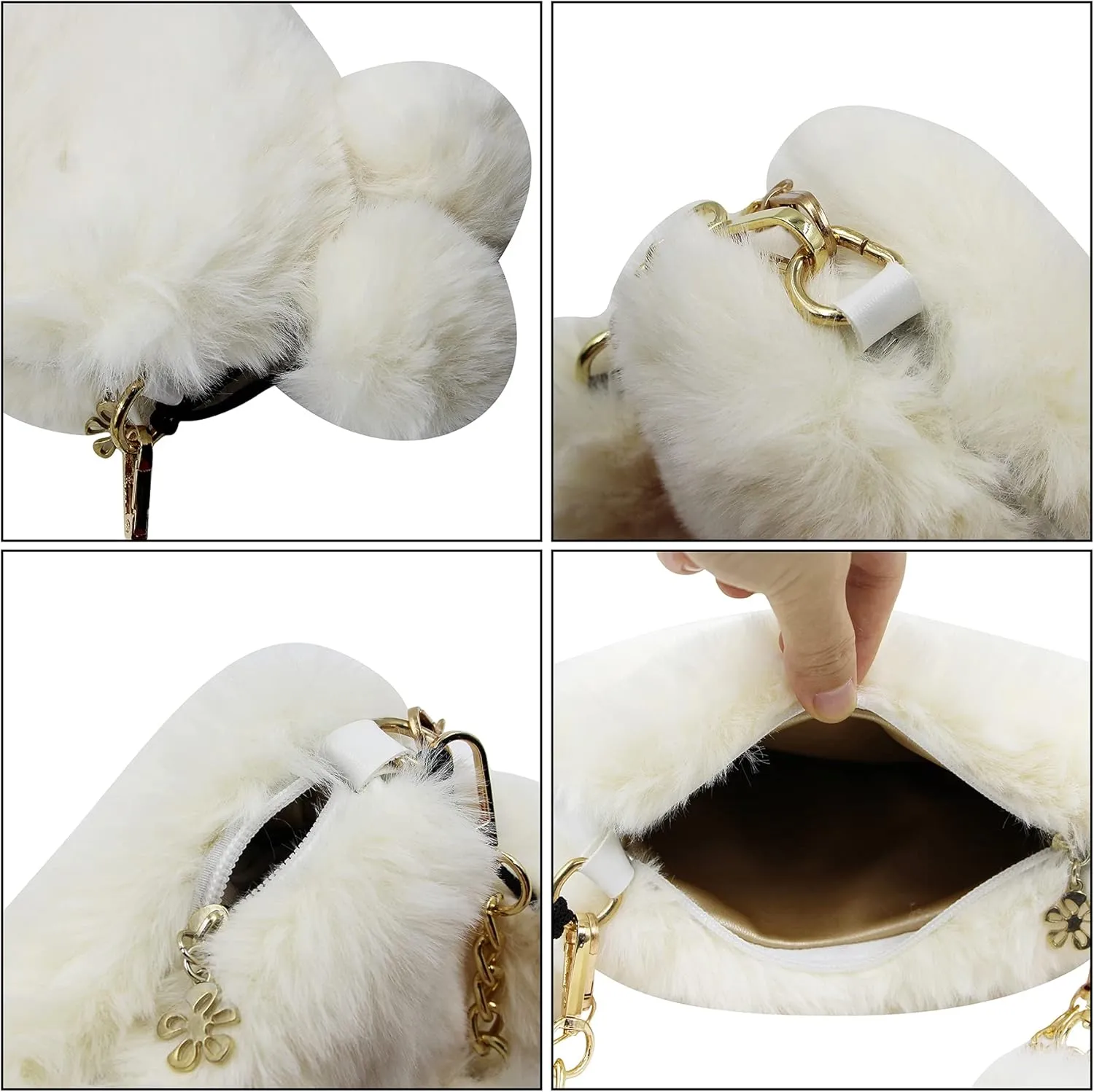 Women Girls Faux Fur Heart Shaped Handbag Plush Shoulder Bag Clutch Purse with Metal Chain Strap