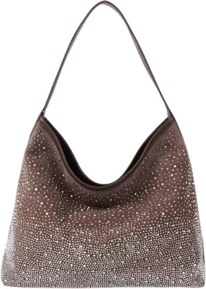 Women Glitter Rhinestone Shoulder Tote Handbag Sparkly Evening Armpit Bag Bling Suede Leather Hobo Bag