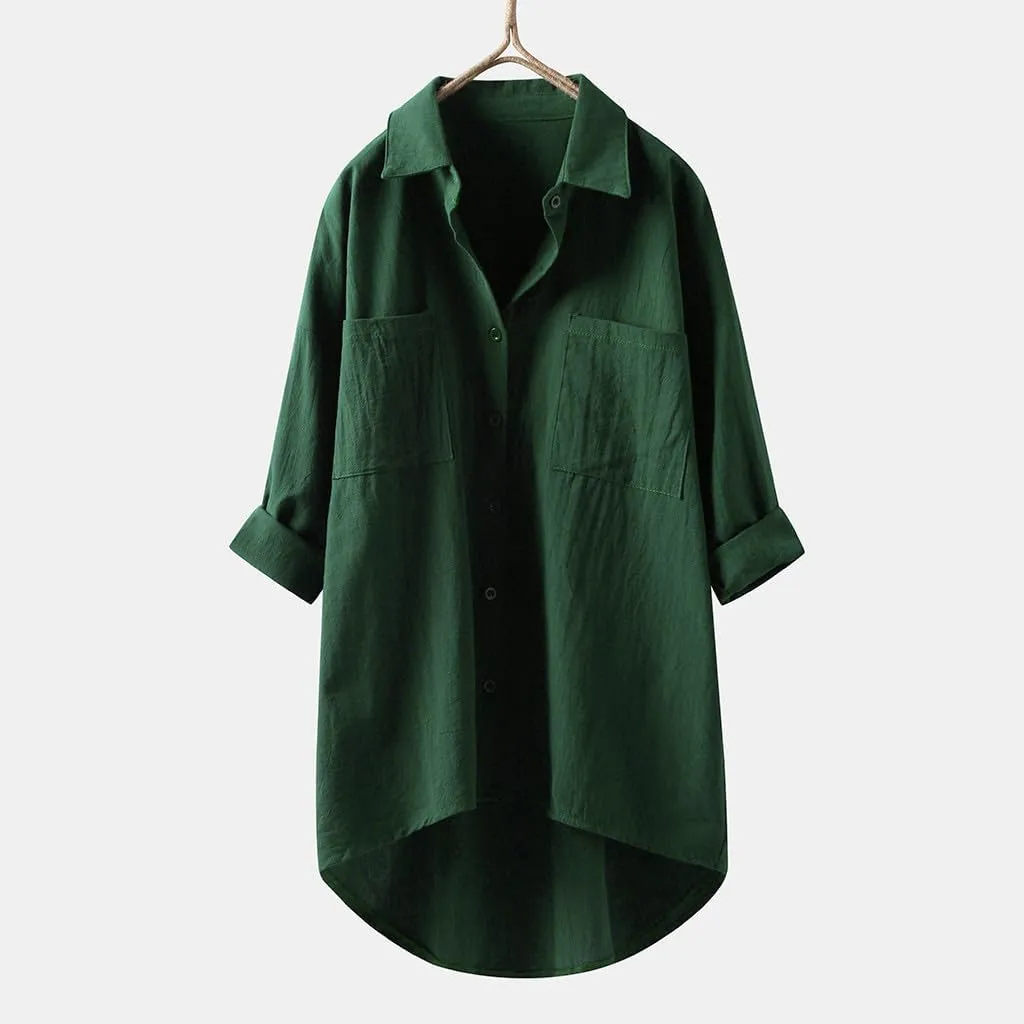 Women Linen Shirts Summer Cotton Linen Buttons Long Sleeve T-Shirt Casual Loose Fit Henley Crew Neck Tee Top