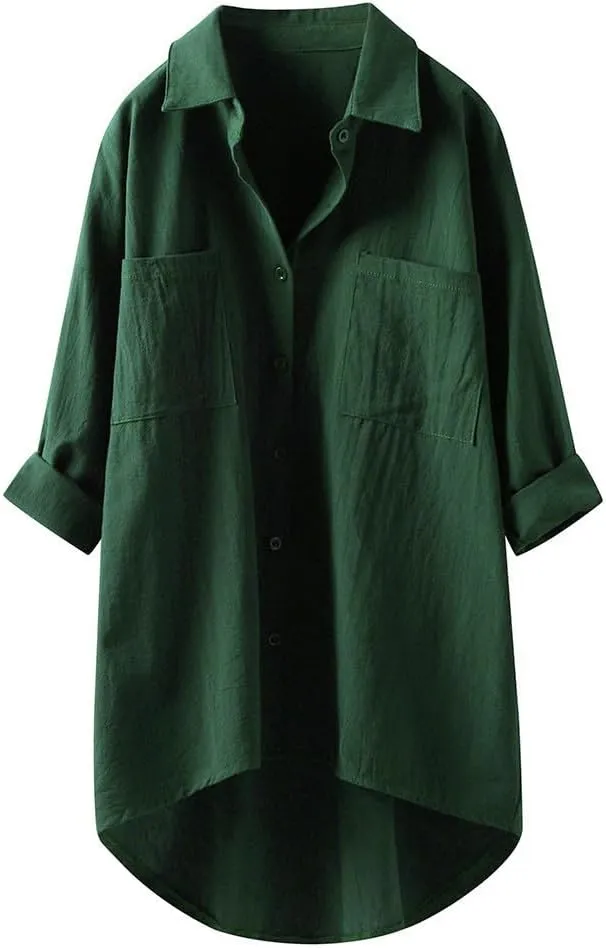 Women Linen Shirts Summer Cotton Linen Buttons Long Sleeve T-Shirt Casual Loose Fit Henley Crew Neck Tee Top