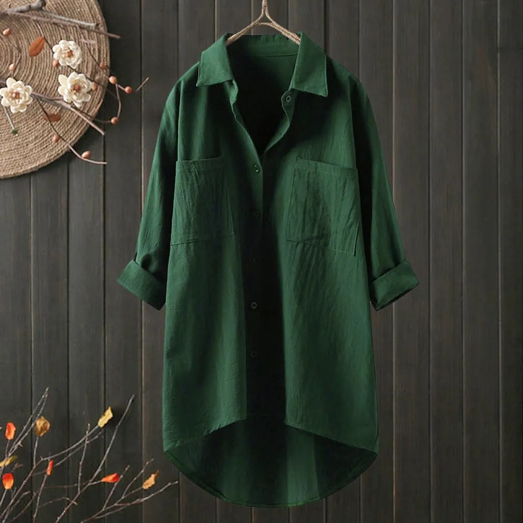Women Linen Shirts Summer Cotton Linen Buttons Long Sleeve T-Shirt Casual Loose Fit Henley Crew Neck Tee Top