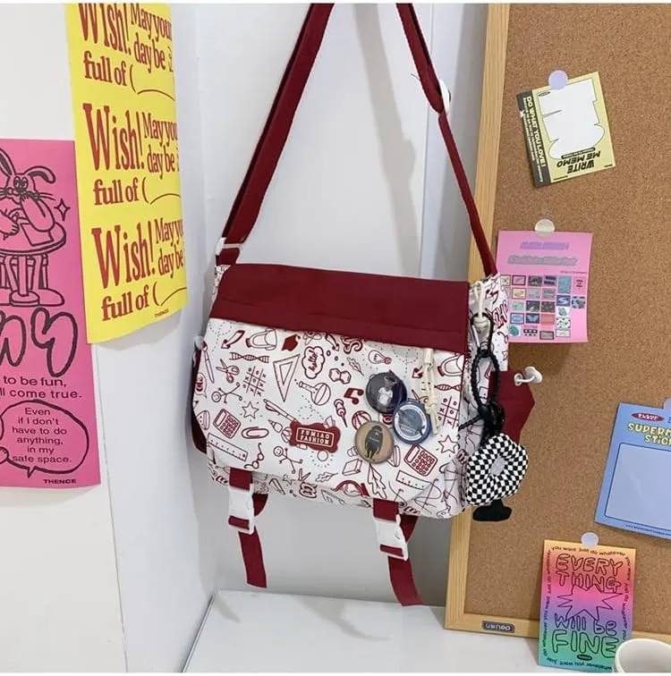 Women Men Crossbody Shoulder Bag Nylon Messenger Bag Doodle Print Color Shoulder Bag Multi-pocket Portable Bag (Red)
