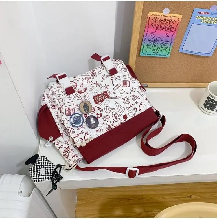 Women Men Crossbody Shoulder Bag Nylon Messenger Bag Doodle Print Color Shoulder Bag Multi-pocket Portable Bag (Red)