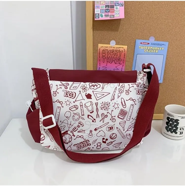 Women Men Crossbody Shoulder Bag Nylon Messenger Bag Doodle Print Color Shoulder Bag Multi-pocket Portable Bag (Red)