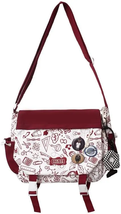 Women Men Crossbody Shoulder Bag Nylon Messenger Bag Doodle Print Color Shoulder Bag Multi-pocket Portable Bag (Red)
