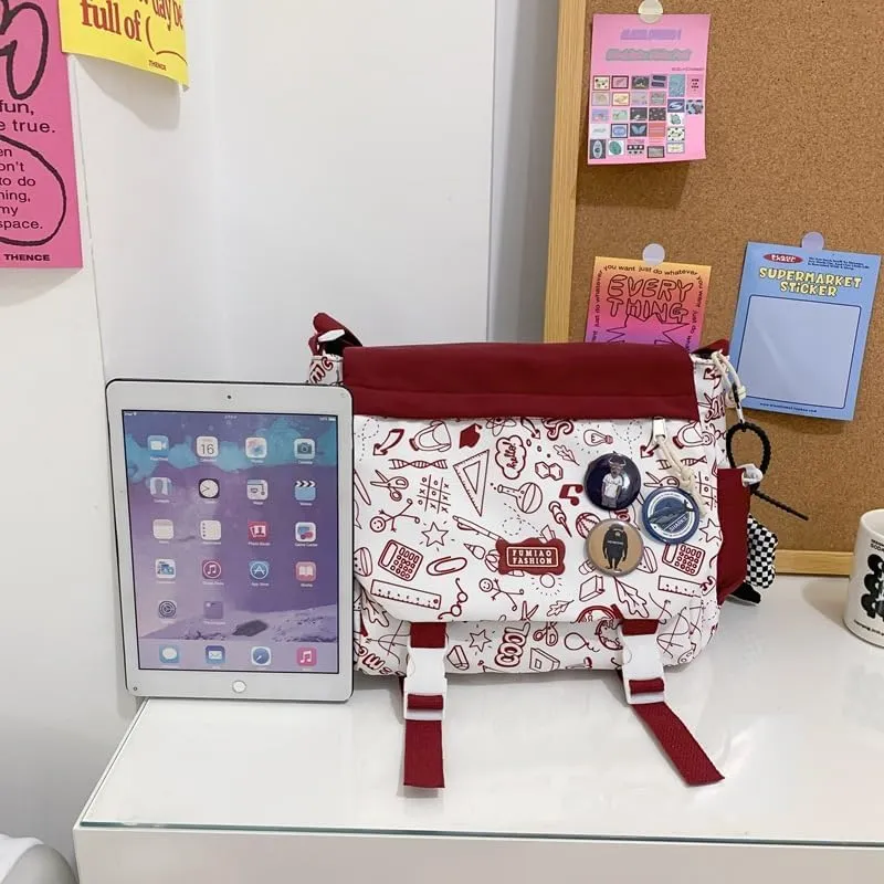 Women Men Crossbody Shoulder Bag Nylon Messenger Bag Doodle Print Color Shoulder Bag Multi-pocket Portable Bag (Red)