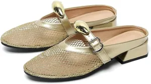 Women Mesh Mules Fishnet Ballet Flats Low Heel Metallic Slip On Ballerina Shoes Comfortable Round Toe Casual Dress Mary Jane Flats