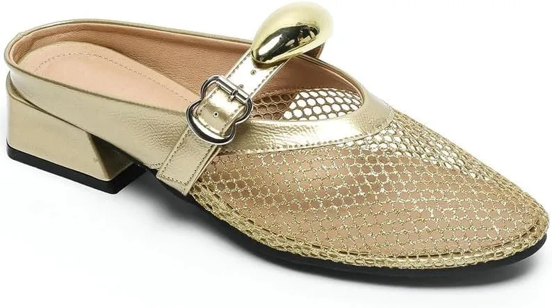 Women Mesh Mules Fishnet Ballet Flats Low Heel Metallic Slip On Ballerina Shoes Comfortable Round Toe Casual Dress Mary Jane Flats