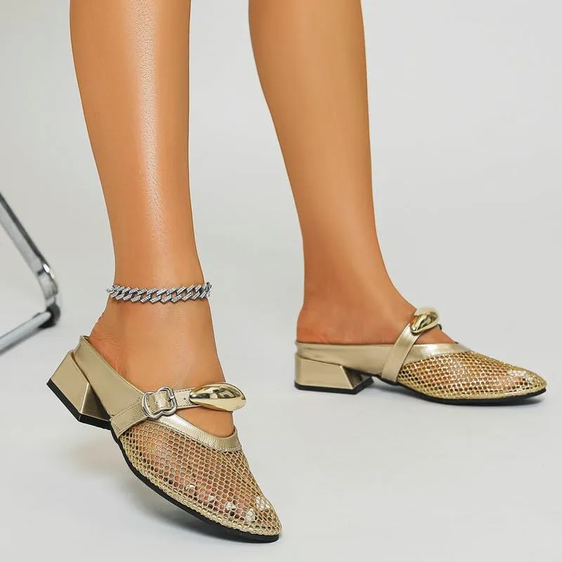 Women Mesh Mules Fishnet Ballet Flats Low Heel Metallic Slip On Ballerina Shoes Comfortable Round Toe Casual Dress Mary Jane Flats