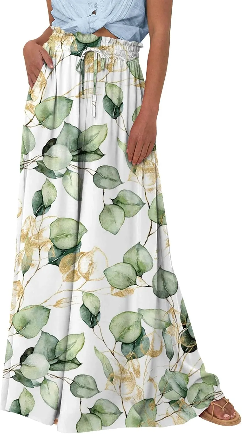 Women Palazzo Pants 2025 Summer Boho Wide Leg High Waist Lounge Pant Elastic Drawstring Trousers with Pocket