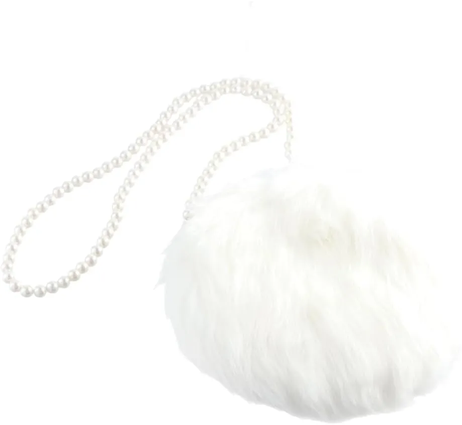 Women Pearl Chain White Plush Crossbody Bags, Faux Fur Round Messenger Bag, Soft Plush Handbags Fluffy Shoulder Bag