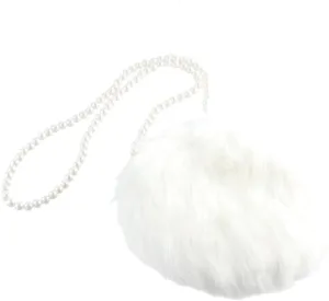 Women Pearl Chain White Plush Crossbody Bags, Faux Fur Round Messenger Bag, Soft Plush Handbags Fluffy Shoulder Bag