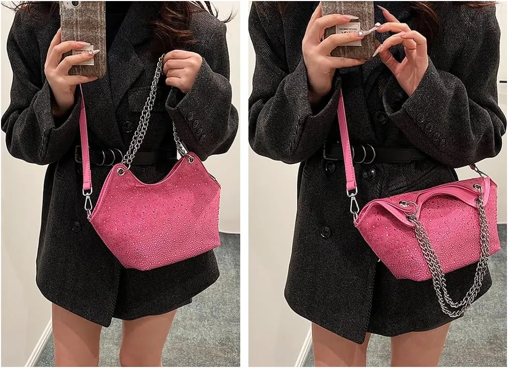Women Rhinestone Crossbody Bags Evening Purses Sparkly Faux Suede Small Shoulder Handbags for Party Wedding Prom