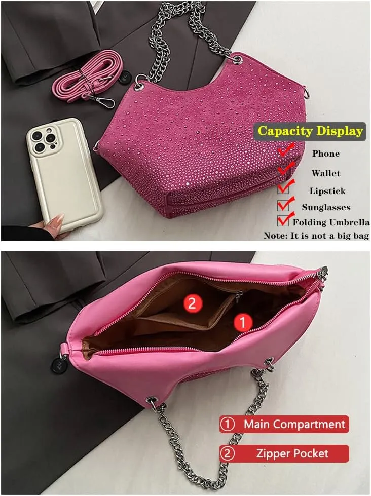 Women Rhinestone Crossbody Bags Evening Purses Sparkly Faux Suede Small Shoulder Handbags for Party Wedding Prom
