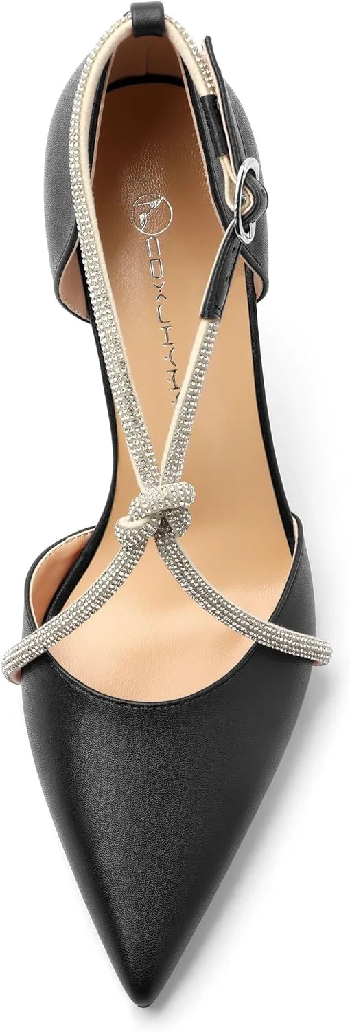 Women Rhinestone Heels Kitten High Pumps Pointed Toe Sparkly Sexy Wedding Dress Shoes 3.3''