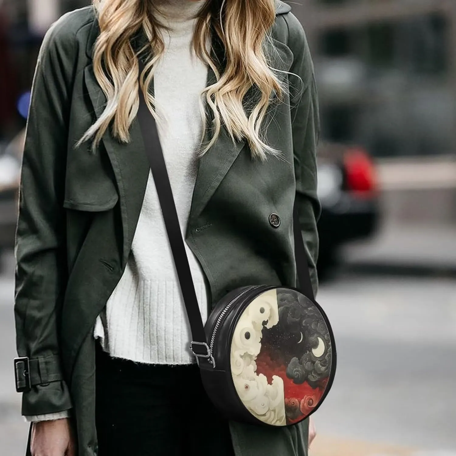 Women Round Shape Crossbody Bag Pu Leather Round Purses Circle Cross Body Shoulder Bag for Party