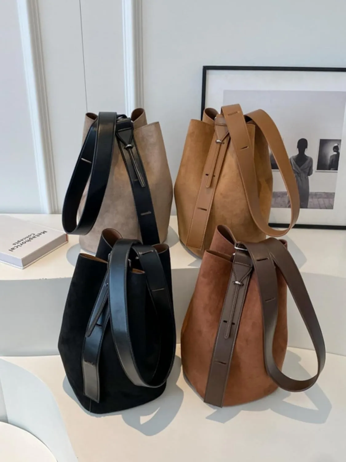Women Suede Bucket Bag 2025 Fall Bags Trendy Brown Tote Vintage Shoulder Handbag with Pouch Work Purses