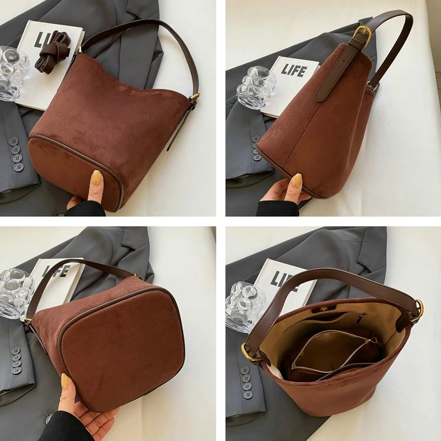 Women Suede Bucket Bag 2025 Fall Bags Trendy Brown Tote Vintage Shoulder Handbag with Pouch Work Purses