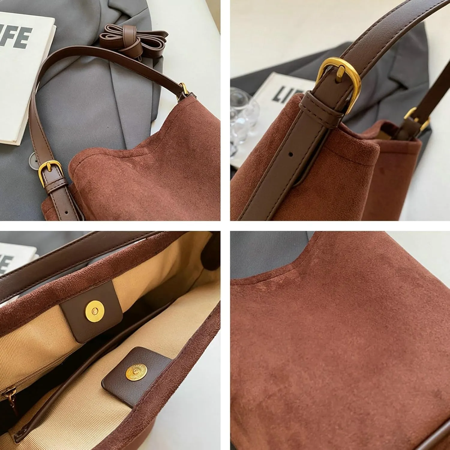 Women Suede Bucket Bag 2025 Fall Bags Trendy Brown Tote Vintage Shoulder Handbag with Pouch Work Purses