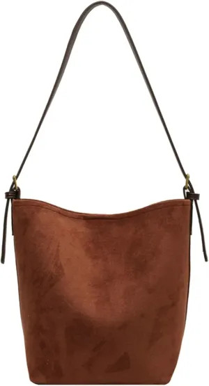 Women Suede Bucket Bag 2025 Fall Bags Trendy Brown Tote Vintage Shoulder Handbag with Pouch Work Purses