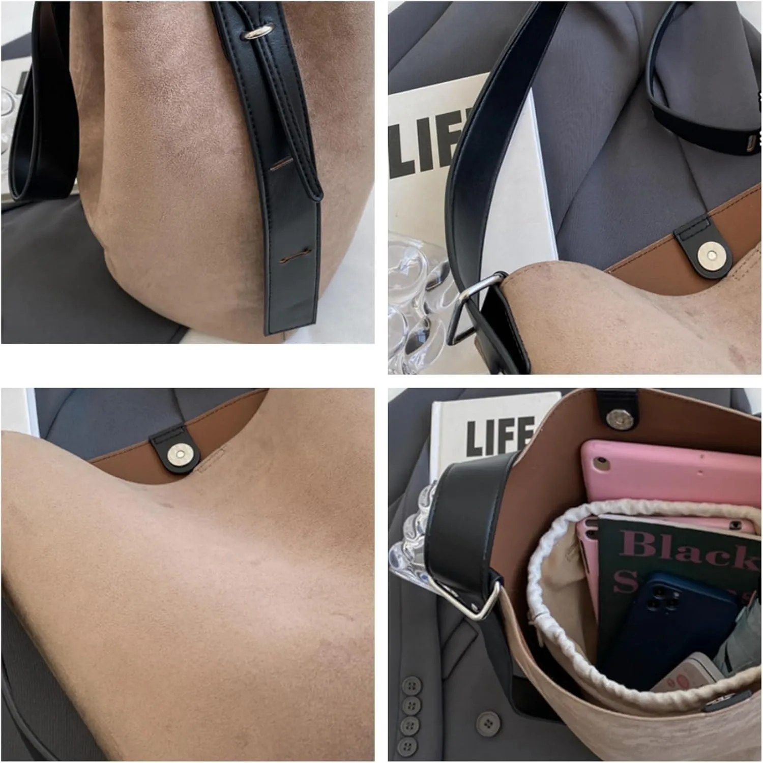 Women Suede Bucket Bag 2025 Fall Bags Trendy Brown Tote Vintage Shoulder Handbag with Pouch Work Purses