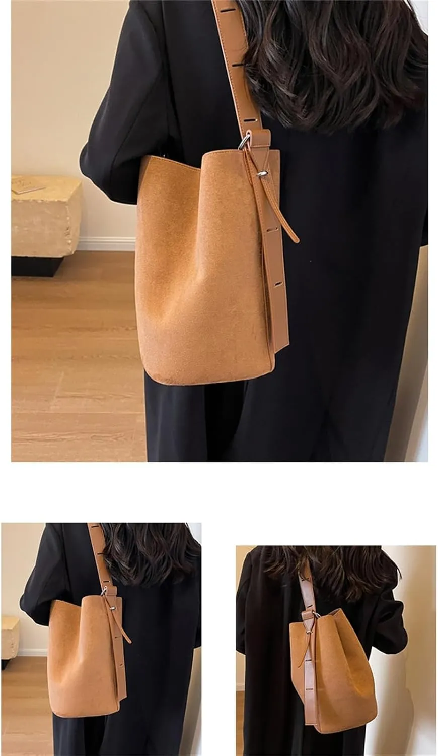 Women Suede Bucket Bag 2025 Fall Bags Trendy Brown Tote Vintage Shoulder Handbag with Pouch Work Purses
