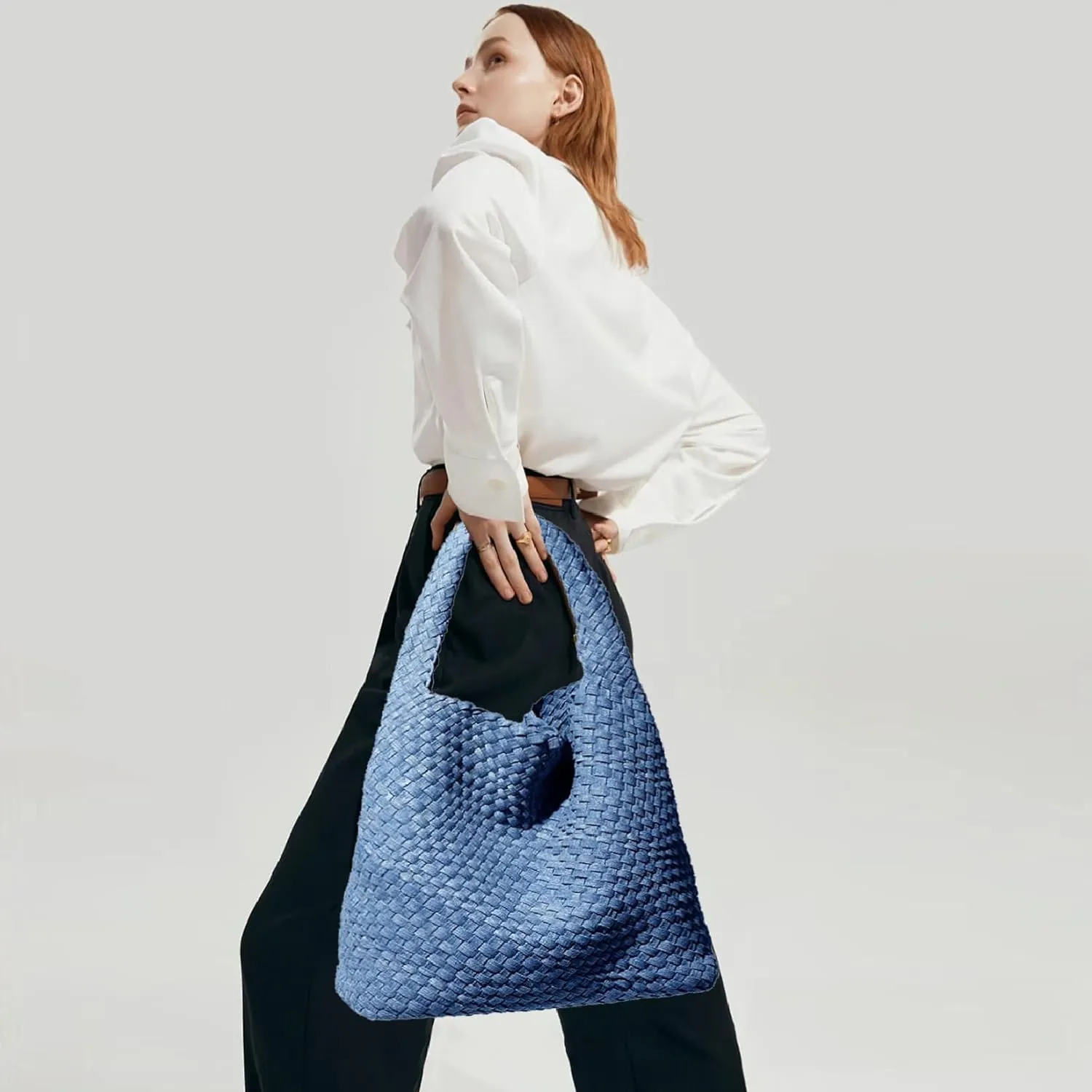 Women Vegan Leather Hand-Woven Tote Handbag Fashion Shoulder Top-handle Bag All-Match Underarm Bag with Purse