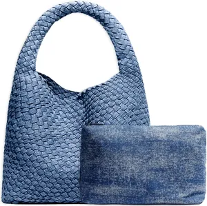 Women Vegan Leather Hand-Woven Tote Handbag Fashion Shoulder Top-handle Bag All-Match Underarm Bag with Purse