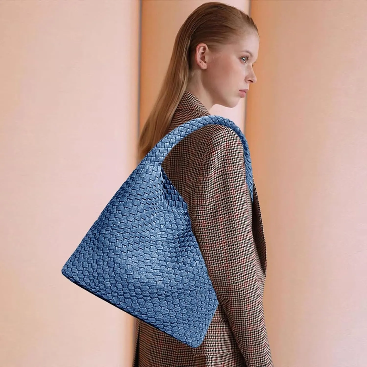 Women Vegan Leather Hand-Woven Tote Handbag Fashion Shoulder Top-handle Bag All-Match Underarm Bag with Purse