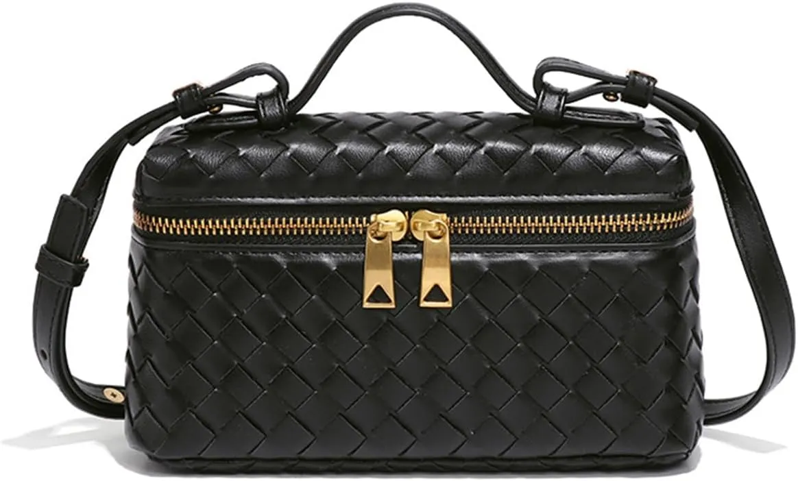Women Woven Handbag, Soft Vegan Leather Square Box Clutch for Dinners and Dates, Trendy Cute Purses, Mini Tote Purse