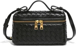 Women Woven Handbag, Soft Vegan Leather Square Box Clutch for Dinners and Dates, Trendy Cute Purses, Mini Tote Purse