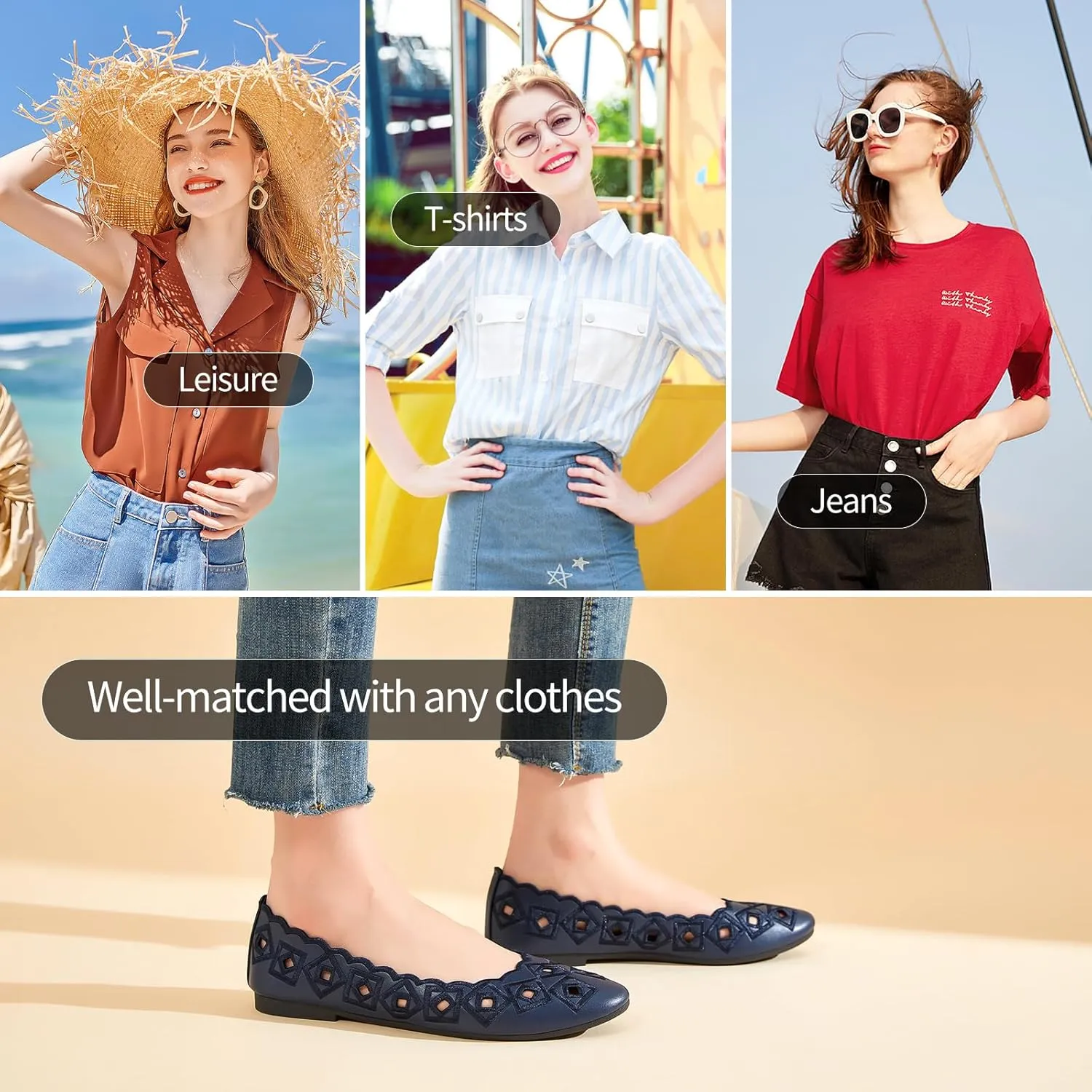 Women's Ballet Flats Shoes with Breathable Eyelet,Black and White Dress Shoes for Women,Soft Memoery Foam Flats for Women