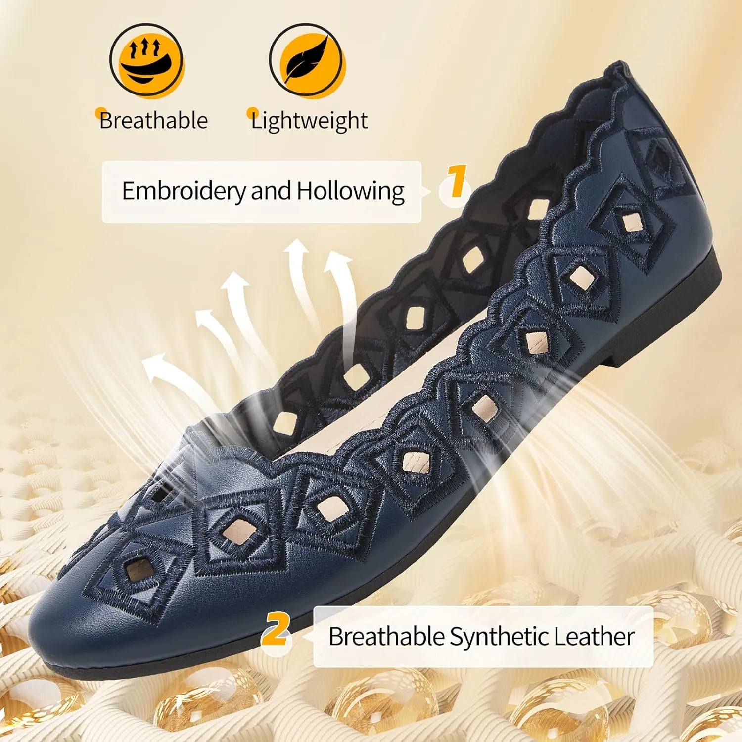 Women's Ballet Flats Shoes with Breathable Eyelet,Black and White Dress Shoes for Women,Soft Memoery Foam Flats for Women