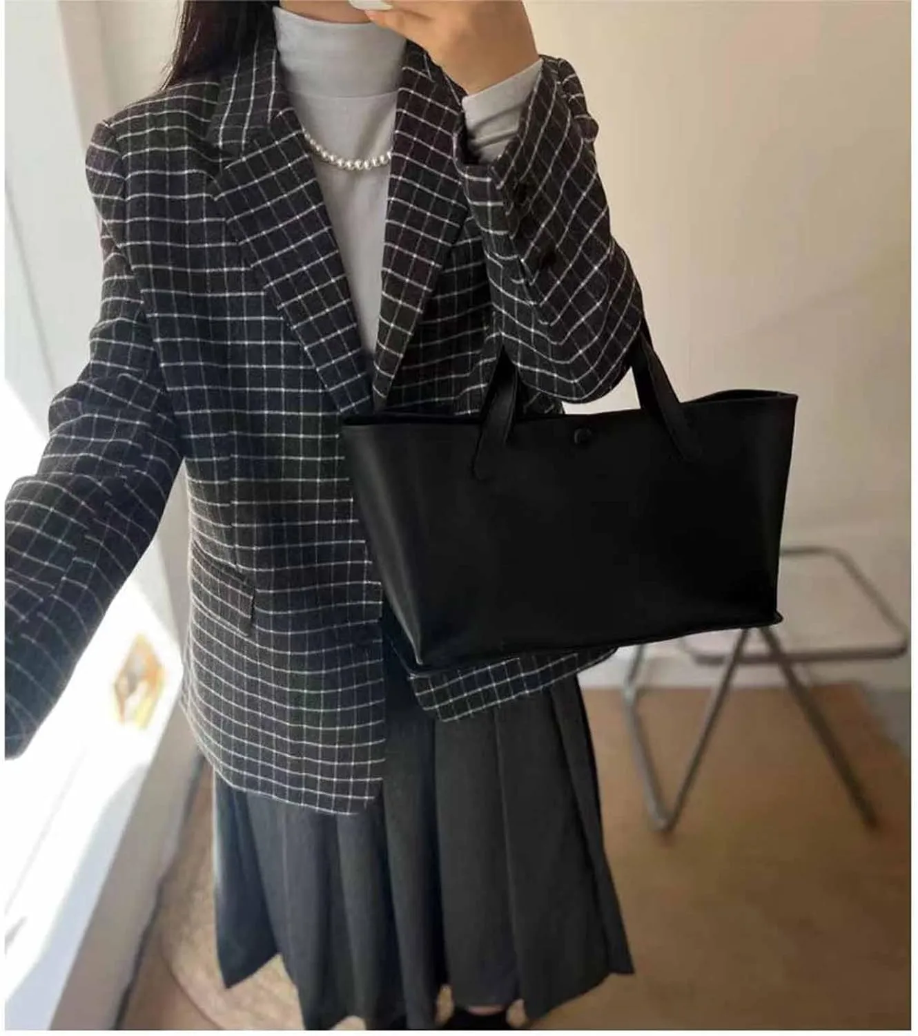Women's black PU leather, work handbag, casual large capacity handbag, multifunctional New York bag