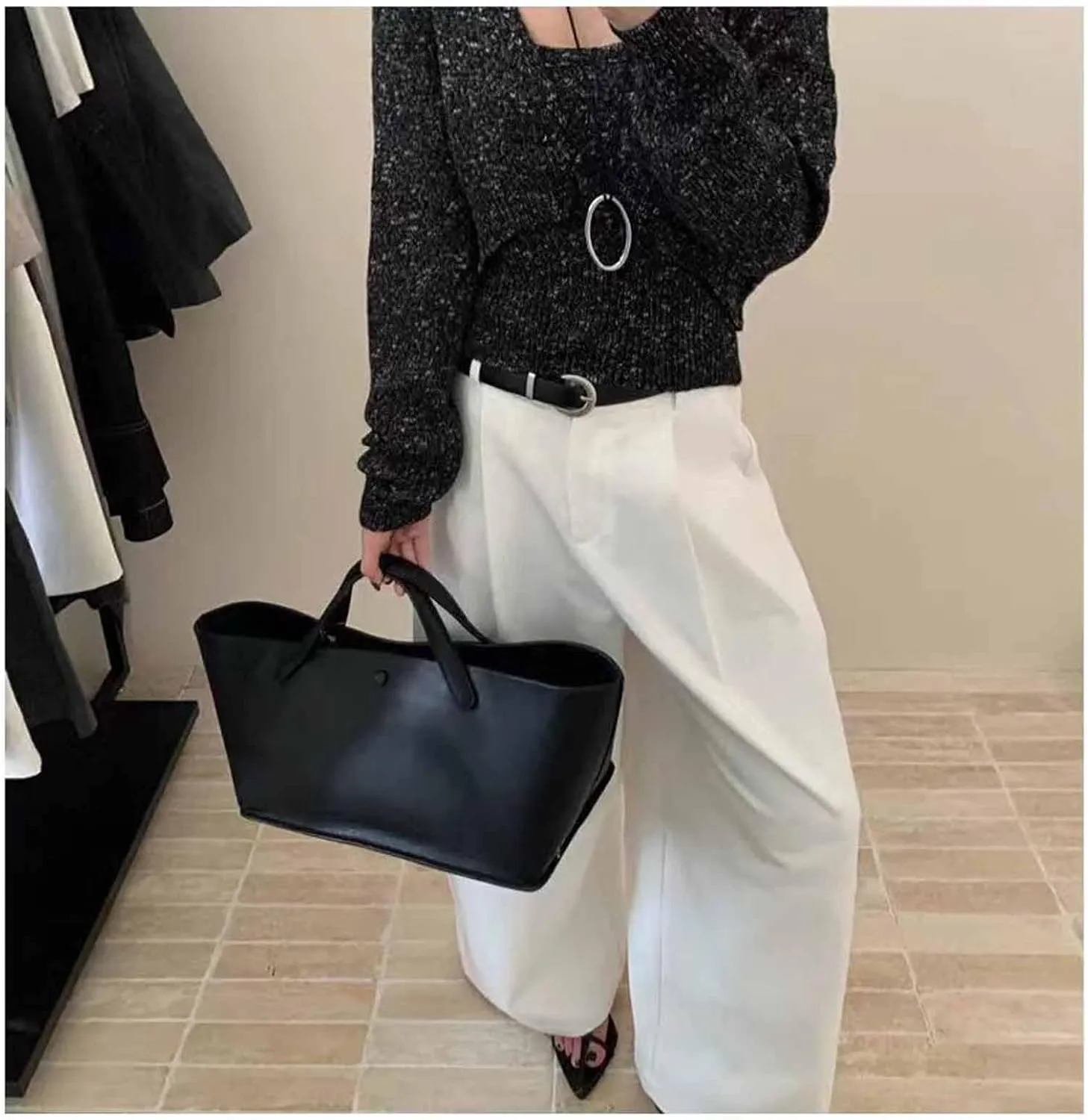 Women's black PU leather, work handbag, casual large capacity handbag, multifunctional New York bag