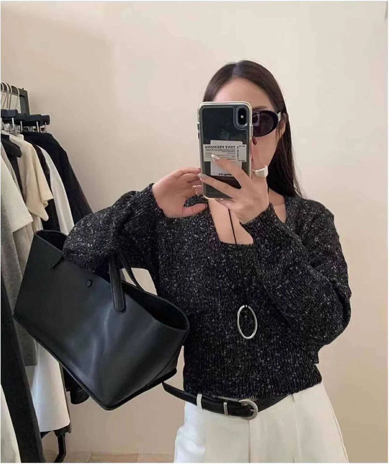 Women's black PU leather, work handbag, casual large capacity handbag, multifunctional New York bag