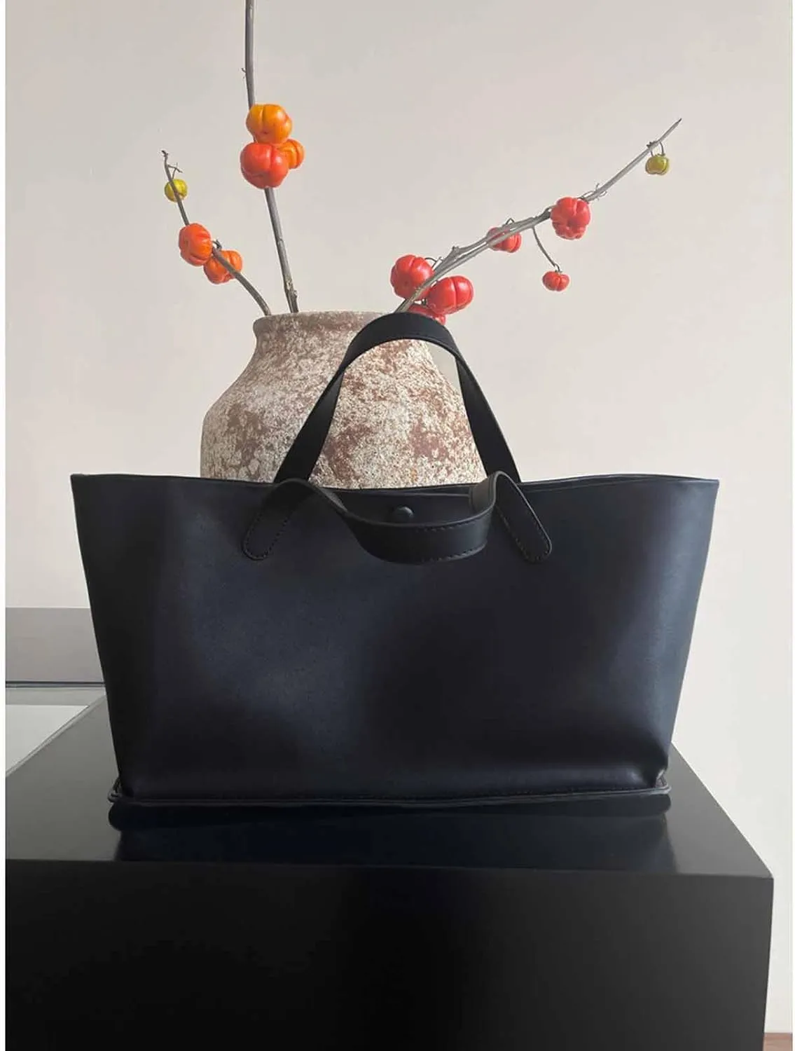 Women's black PU leather, work handbag, casual large capacity handbag, multifunctional New York bag