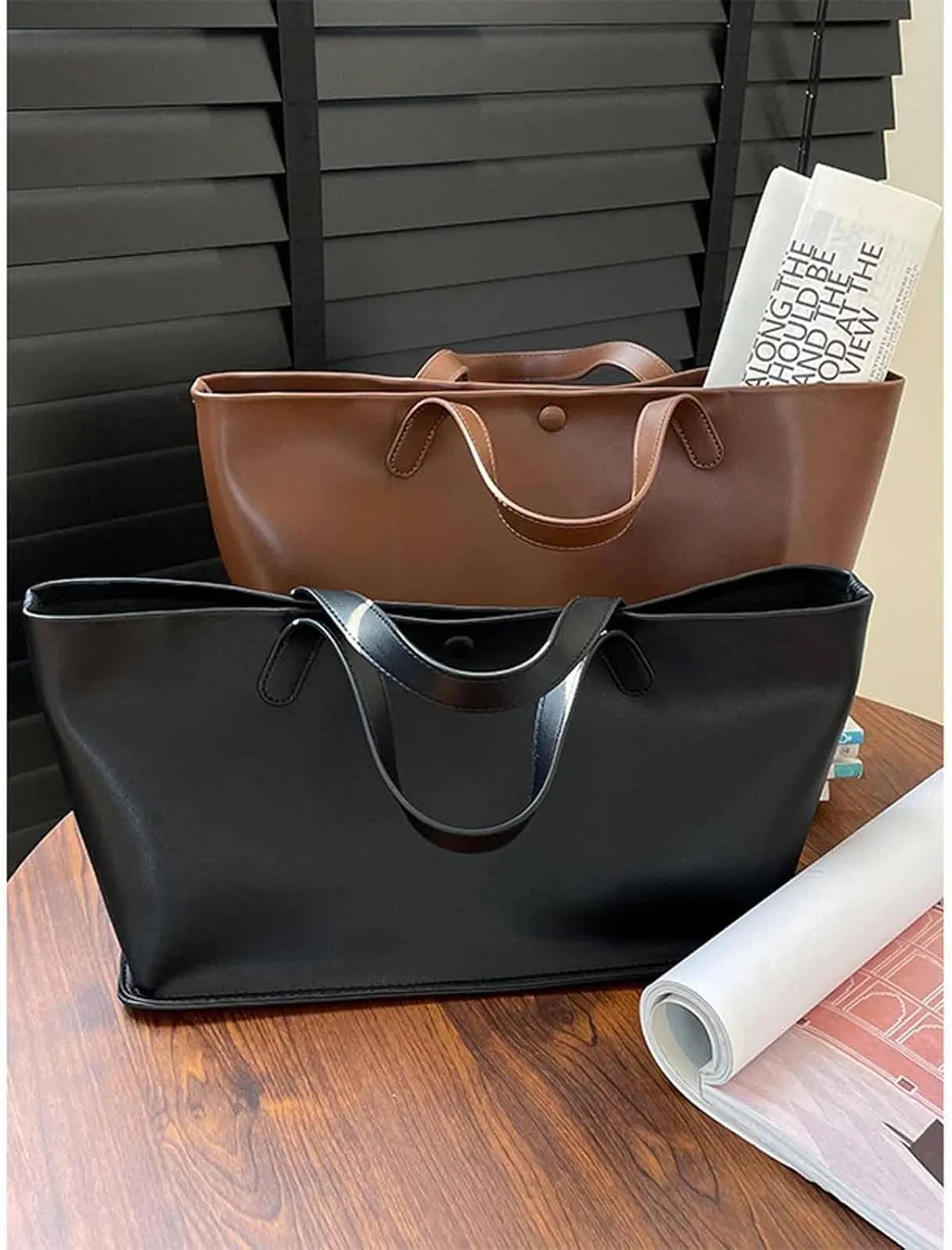 Women's black PU leather, work handbag, casual large capacity handbag, multifunctional New York bag