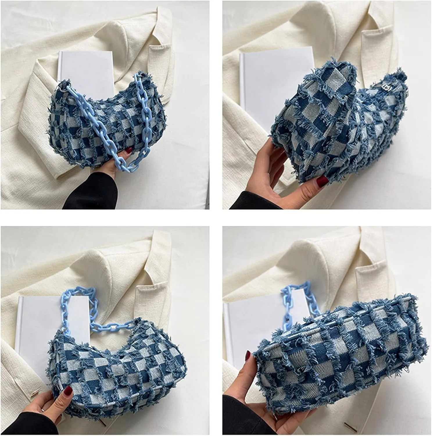 Women's Denim Plaid Shoulder Bags Small Fashion Underarm Purse Handbag Casual Retro Work Crossbody Bag (Light Blue)
