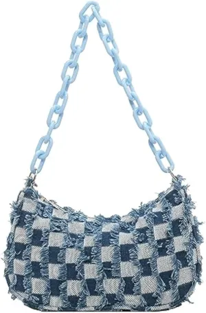 Women's Denim Plaid Shoulder Bags Small Fashion Underarm Purse Handbag Casual Retro Work Crossbody Bag (Light Blue)