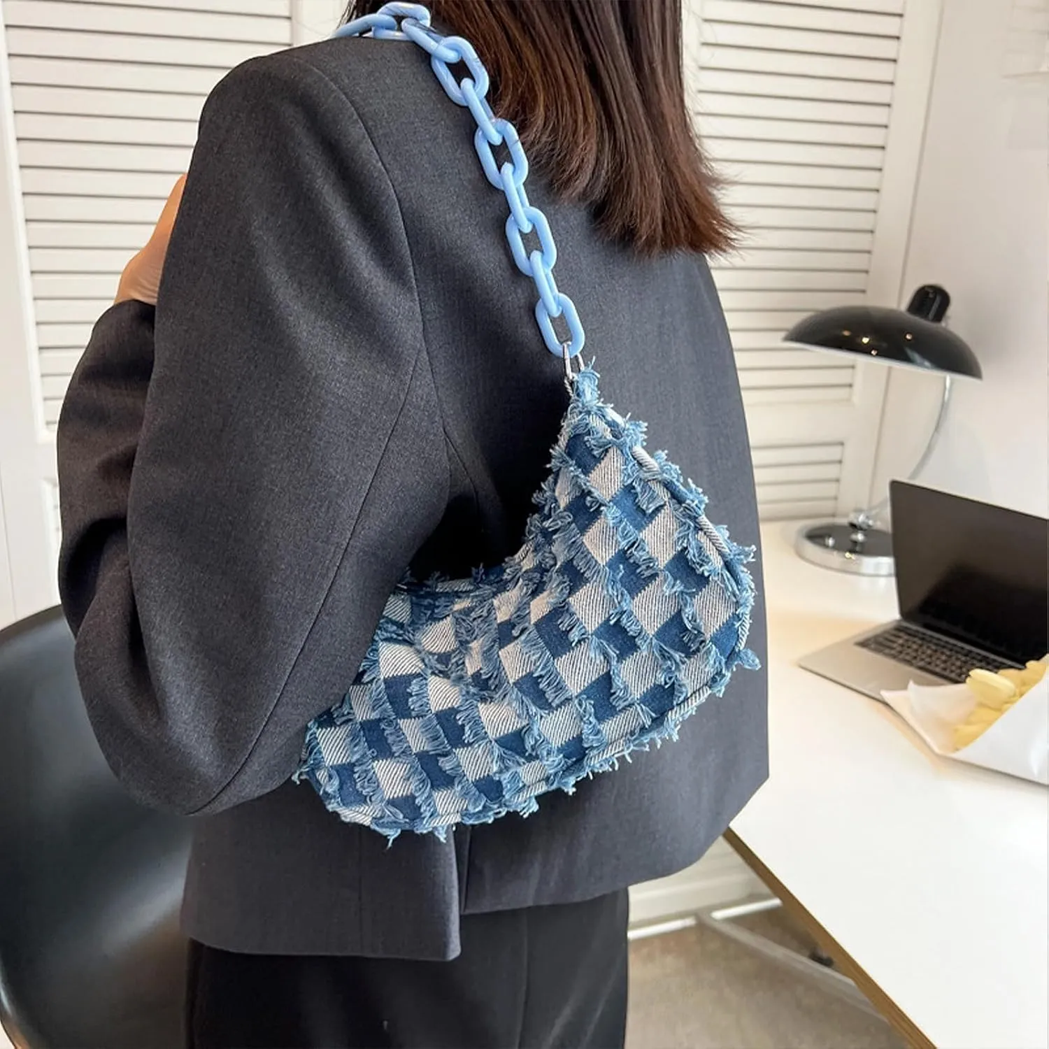 Women's Denim Plaid Shoulder Bags Small Fashion Underarm Purse Handbag Casual Retro Work Crossbody Bag (Light Blue)