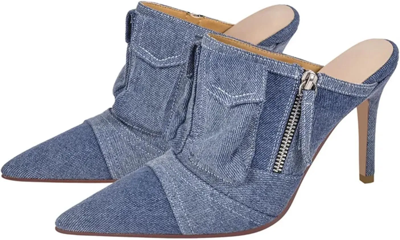 Women's Denim Stiletto Mules - Slip On Thin Heel Classic Sandals